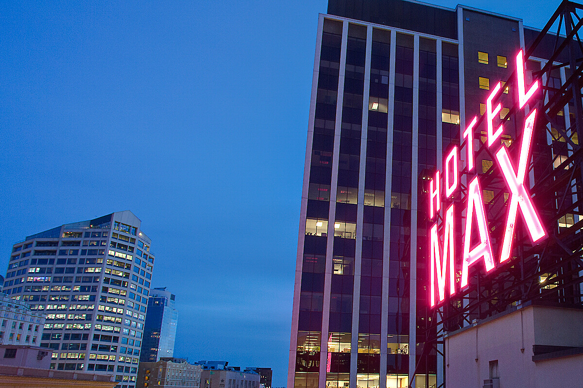 City skyline at dusk with 